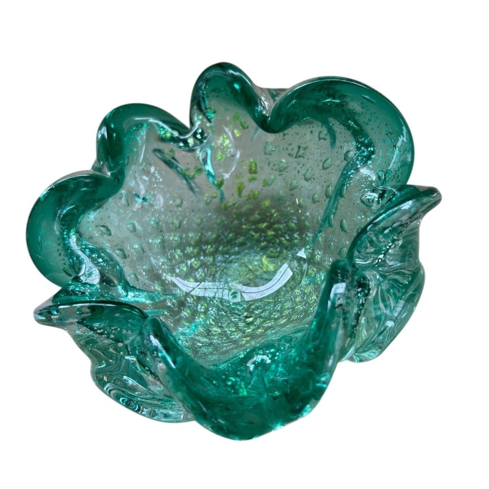 Vintage Murano Green Glass Bowl with gold flecks